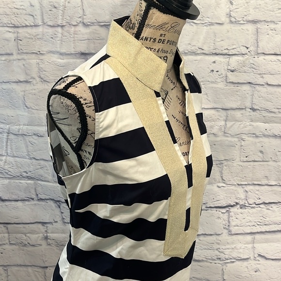 Sail to Sable Nautical Dress Striped Gold Metallic Trim Sleeveless Size Small - Picture 3 of 9